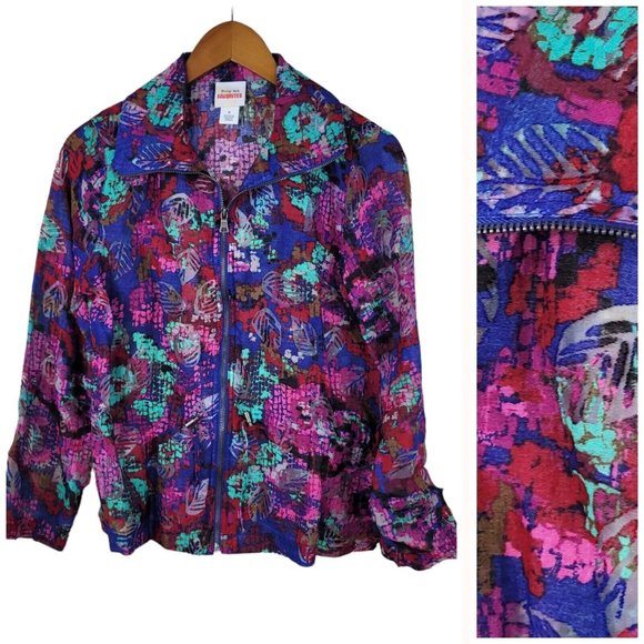 Ruby Rd Size 6 Mesh Jacket Tropical Zip Up Leaf Print Blue Pink Lightweight - Picture 1 of 8